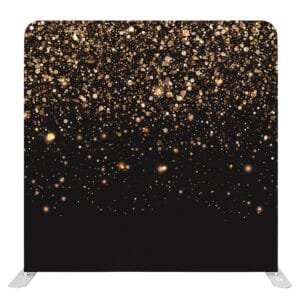 Gold sparks photo booth backdrop with falling glitter dust on black background